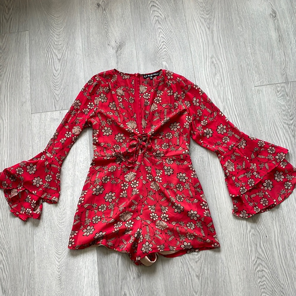 For Love & Lemons Pia Red Lace-Up Floral Romper | Size Medium